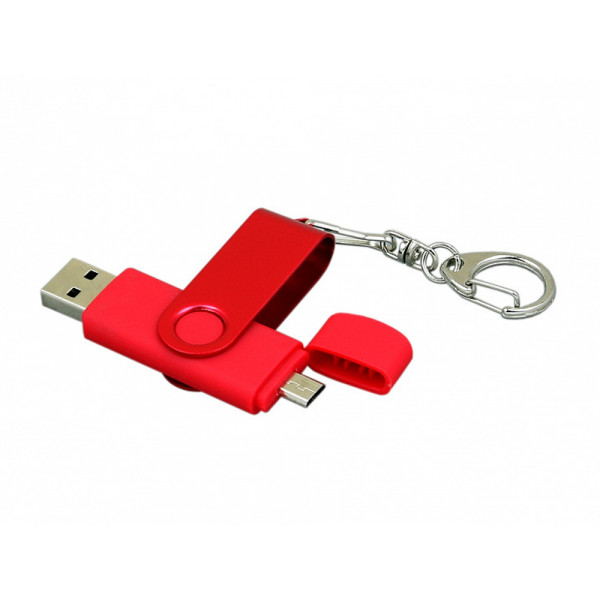 Флешка с поворотным механизмом, c дополнительным разъемом Micro USB, 16 Гб, красный